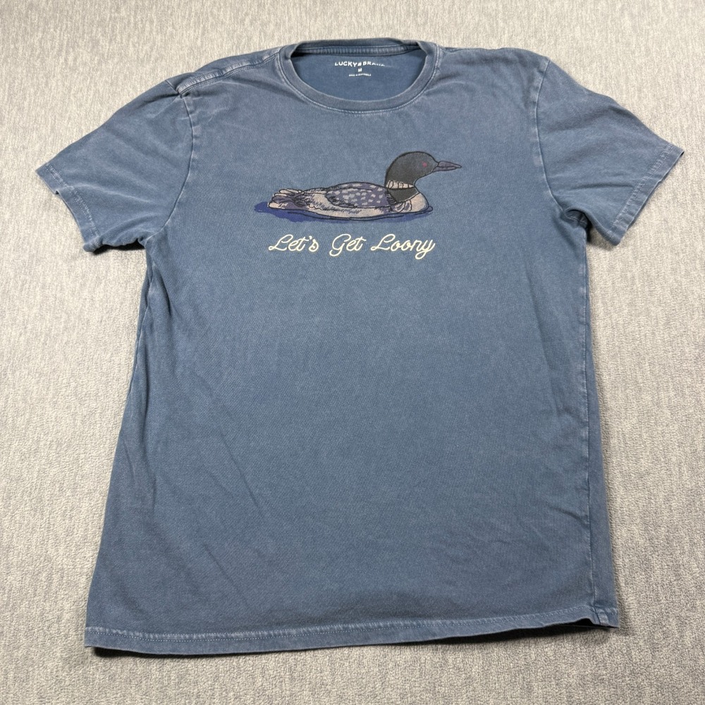 Lucky Brand Mens Medium Blue Lets Get Loony Duck Graphic Tee Crewneck Shirt